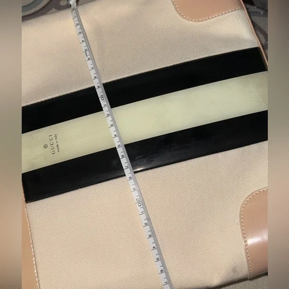 Gucci Canvas Tote Bag – Beige & Black Stripe with Gold Logo - Picture 13 of 15
